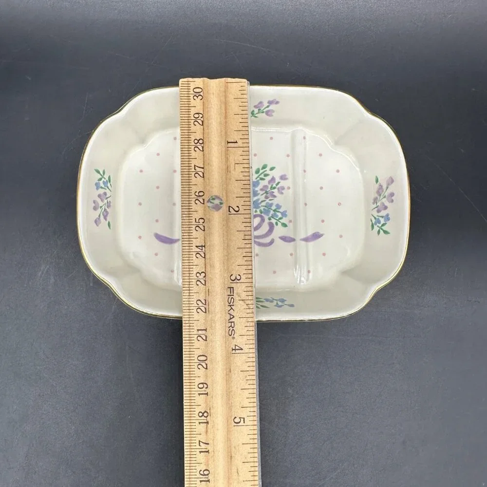 Vintage Floral Soap Dish Cottagecore 1980s Purple Blue Flowers Ceramic Romantic